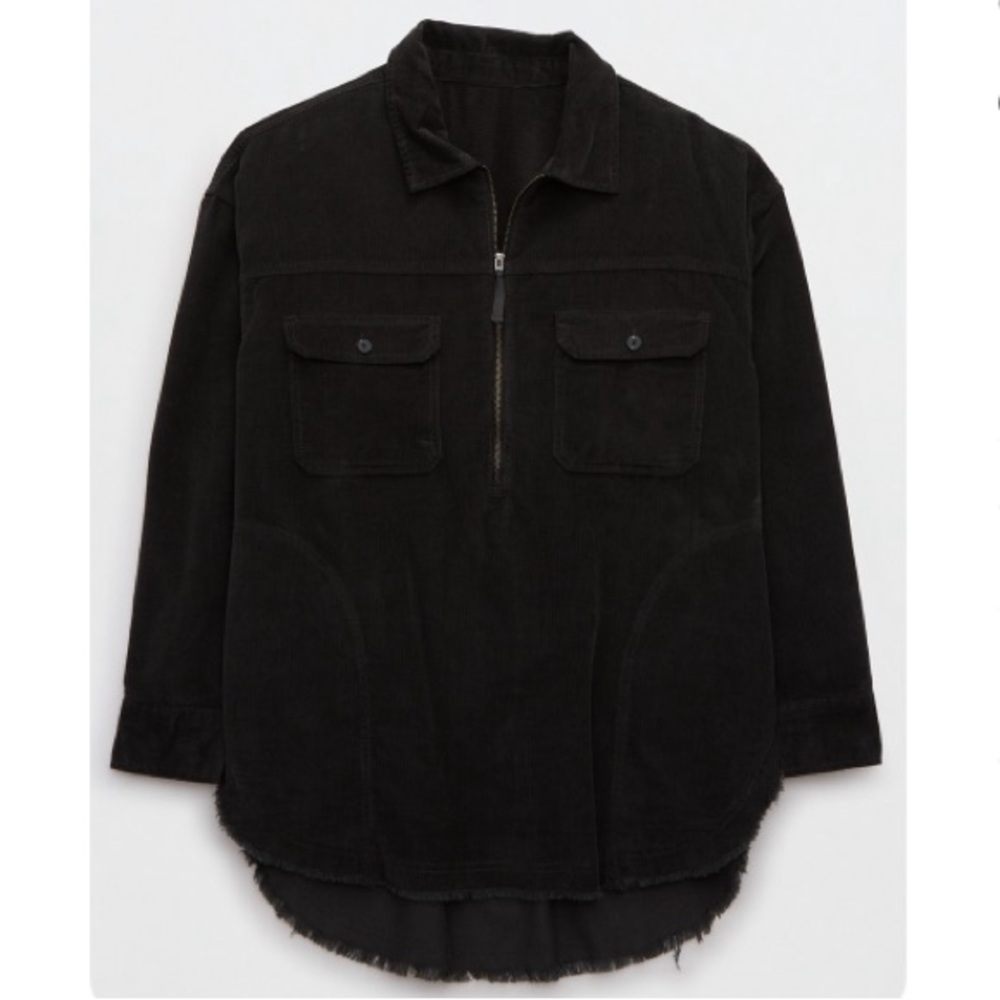 OFFLINE AERIE | Corduroy Half Zip Pullover Shacket Jacket Black Frayed Hem